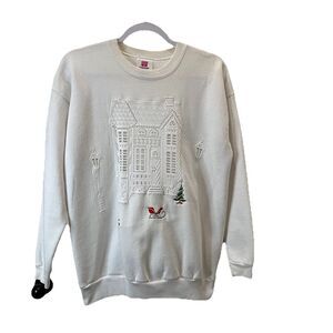 Hanes Her Way Vintage Christmas Village Crochet Cut Out White Sweatshirt Women L